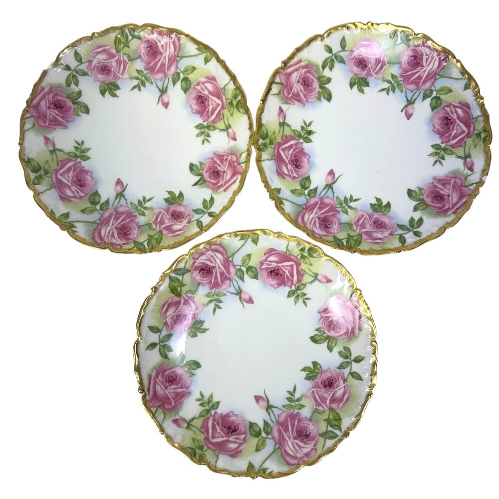 Antique Tresemann Vogt Limoges France 8.25" Pink Roses Gold Scalloped Rim-Set 3